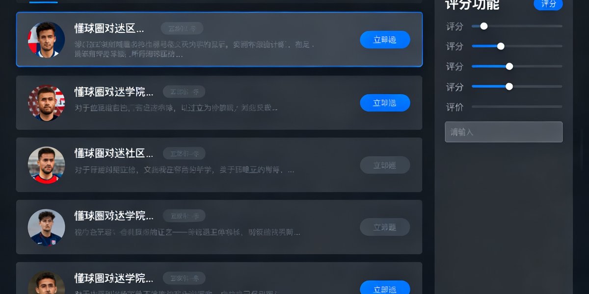懂球圈球迷社区界面，显示赛后讨论区和评分功能，用户头像排列整齐，帖子列表清晰，界面设计以深色为主调，信息层级分明